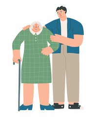 Young guy volunteer or social worker helps elderly woman walk. Elderly Care and Support Concept. Senior patient and male nurse. Vector illustration isolated on white background