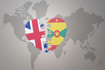 puzzle heart with the national flag of grenada and great britain on a world map background. Concept.