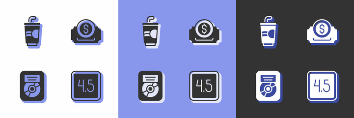 Set Rating movie, Paper glass with water, CD disk award frame and Cinema ticket icon. Vector