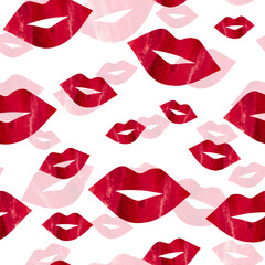 Seamless pattern with red lips bright and pale in different sizes on a white background. Painted in watercolor.