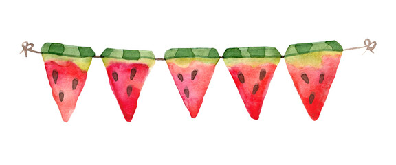 Watercolor illustration of party flags on string. Garland with watermelon slices for summer festival decoration. Juicy pieces of ripe fruit for decor of birthday, holiday, celebration and carnival