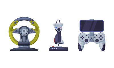 Gamepad and Steering Wheel as Game Controller and Input Device for Video Game Console Vector Set