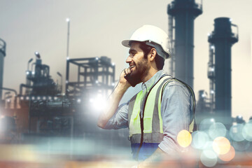 A man industrial engineer in Hard Hat uses a smartphone while standing in a heavy industrial factory in the background various metal parts project lying banner.