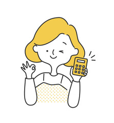 計算機を持ってOKサインを出す女性