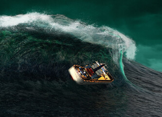 Rogue waves sinking a cargo ship, illustration