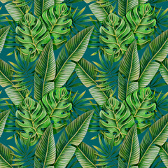 Seamless pattern of tropical leaves drawn with colored pencils on a green blue background. For fabric, sketchbook, wallpaper, wrapping paper.