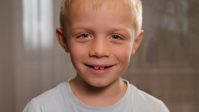 Close-up of the baby's milk and new molars. The boy smiles and shows his fallen baby teeth.