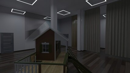 Obraz premium Interior of a room with contrasting colors on the walls and a children's playhouse in the foreground illuminated by the white light of pendant lights