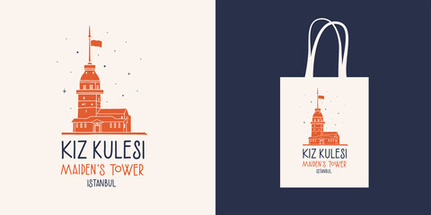 Medieval Maiden Tower or Kyz Kulesi. Popular symbol of Istanbul. Tourist sight of Turkey. Design element for shopper-bags and other souvenirs. Vector illustration isolated.