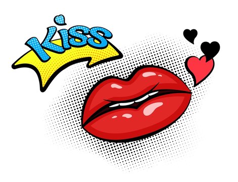 Comic speech bubble with hearts and female lips with emotional kiss text. Cartoon illustration with Halftone Dot background. Isolated. Vector 