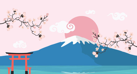 Pink floral branch With Fuji Mountain Background