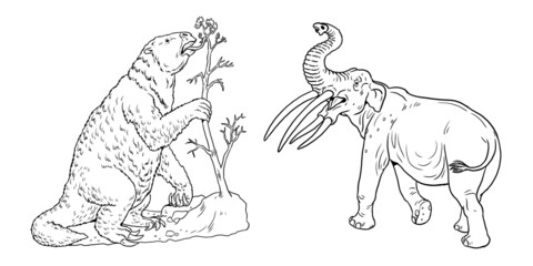 Fototapeta premium Prehistoric gigantic animals - stegotetrabelodon and megatherium. Drawing with extinct elephant. Silhouette drawing for coloring book. 