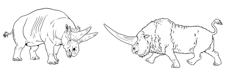 Prehistoric rhinos - elasmotherium and arsinoitherium. Drawing with extinct mammals. Silhouette drawing for coloring book.