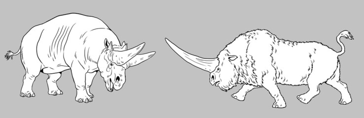 Prehistoric rhinos - elasmotherium and arsinoitherium. Drawing with extinct mammals. Silhouette drawing for coloring book.