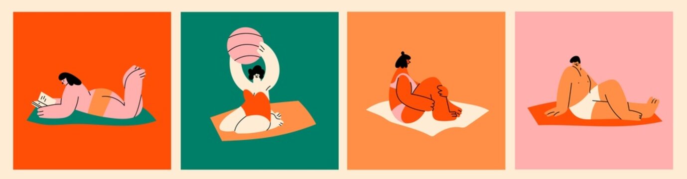 Diverse people lying on towels or blankets. Cute characters relaxing, sunbathing, reading books. Summer time, beach, vacation concept. Set of four hand drawn Vector illustrations. Cartoon style 