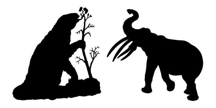 Prehistoric gigantic animals - stegotetrabelodon and megatherium. Drawing with extinct elephant. Silhouette drawing.
