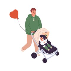 Father walking with baby in stroller. Young dad going with little child in pram. Man daddy strolling with kid toddler in carriage outdoors. Flat vector illustration isolated on white background