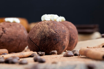spherical chocolate cake with cocoa, cinnamon and coffee