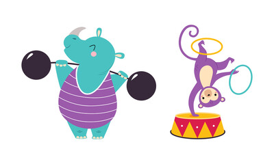 Circus Rhino and Monkey Animal with Barbell and Juggling Hula Hoops Performing Trick Vector Illustration Set
