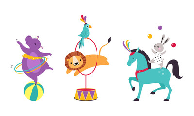 Circus Hippo and Lion Animal Jumping Through Hula Hoop and Balancing on Ball Performing Trick Vector Illustration Set