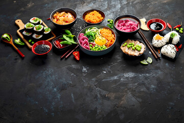 Assortment of Korean food on dark background.