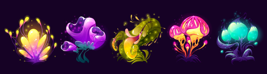 Fantasy mushrooms, flowers and trees, alien planet or magic game plants isolated set. Unusual nature flora or fauna assets, strange fairy tale or extraterrestrial elements, Cartoon vector illustration © klyaksun