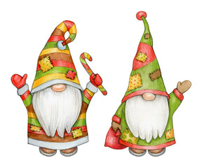 Cute gnomes  cartoon, isolated on white. Watercolor illustration.