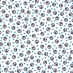 Seamless pattern with navy and blue hearts and peace sign.