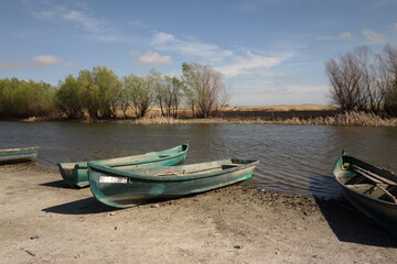 landscape in danube delta, tulcea, romania, in parches, with traditional wooden boats