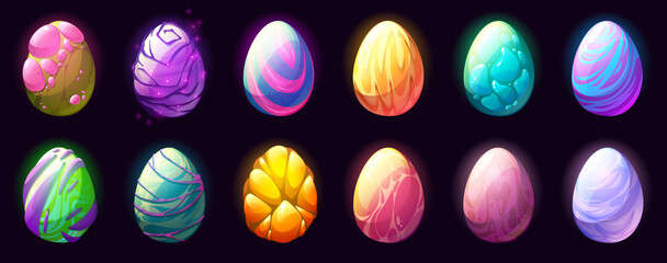 Cartoon dragon eggs with different eggshell textures isolated set, Fairy tale ui game assets, strange dinosaurs, reptiles, birds, monsters or Easter colorful ovum design elements, Vector illustration