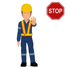 An industrial worker is raise hand to stop