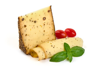 Hard cheese with pepper, pecorino formaggio pepato stagionato, isolated on white background.