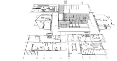 Fototapeta na wymiar house architectural sketch plan 3d rendering