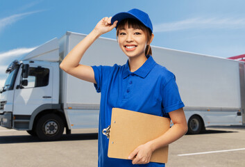 logistics, shipping and job concept - happy smiling delivery woman in blue uniform with clipboard over truck background