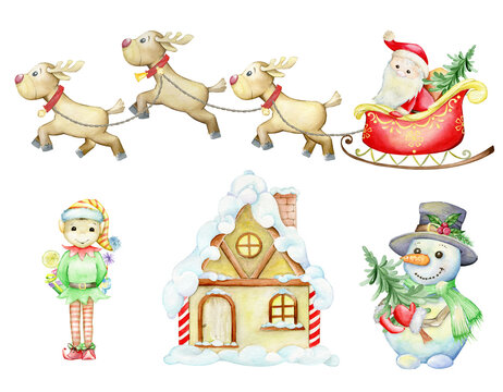 Santa Claus, reindeer, snowman, elf. New Year's set of characters, in cartoon style, on an isolated background.