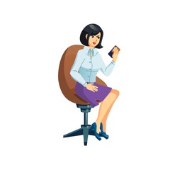 Vector cartoon flat business woman character in stylish outfit with mobile phone sitting in chair on empty background-trendy fashion collection,business lifestyle concept,web site banner ad design