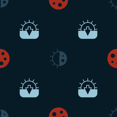 Set Moon, Day night cycle and Sunset on seamless pattern. Vector