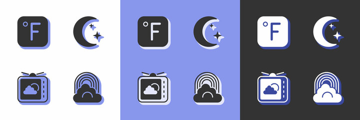 Set Rainbow with cloud, Fahrenheit, Weather forecast and Moon and stars icon. Vector