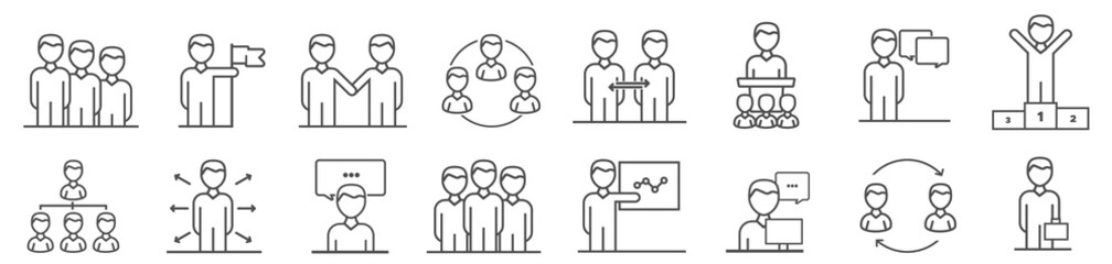 set of business people vector line icons. meeting, workplace, communication and team icons.