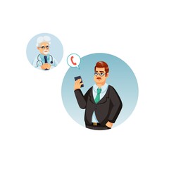 Vector cartoon flat businessman character calls to doctor via mobile phone on empty background-medical treatment and therapy concept,web site banner ad design