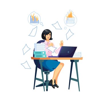 Vector cartoon flat business woman character works at desk with laptop.Successful office employee does all works in time perfectly-professional workflow,time management,web site banner concept