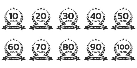 Anniversary icon or logo set with laurel wreath. 10, 20, 30, 40 ,50, 60, 70, 80, 90, 100 years jubilee, birthday badge, label or emblem. Celebration design element. Vector illustration.