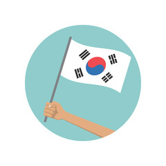 South Korea waving flag circle icon. Hand holding Korean flag. National symbol. Vector illustration. 