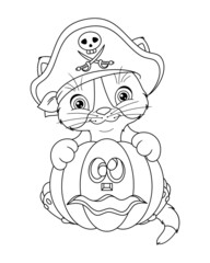 Cat pirate for halloween coloring page. Black and white cartoon vector illustration