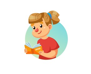 Vector cartoon flat girl character,kid reading book-children's fashion,kids clothing,happy childhood and healthy family relationships social concept,web site banner ad design