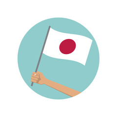 Japan waving flag circle icon. Hand holding Japanese flag. National symbol. Vector illustration. 