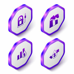 Set Isometric Petrol or gas station, Oil and industrial factory, Pie chart dollar and price increase icon. Purple hexagon button. Vector