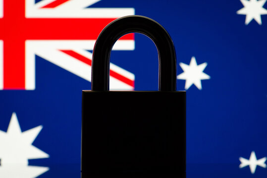 Silhouette Of Lock On The Background Of Flag Of Australia. Concept Of Closed Country, Difficulties Of Entering Country