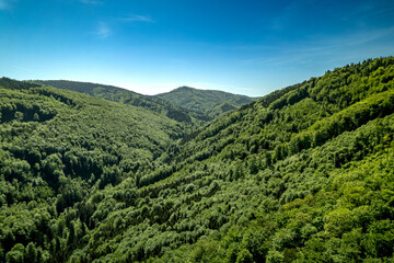 Góry, Beskid Śląski, Stożek i okolice, panorama z lotu ptaka od strony Czech wiosną