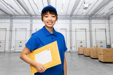 logistics, shipping and job concept - happy smiling delivery woman in blue uniform holding parcel...